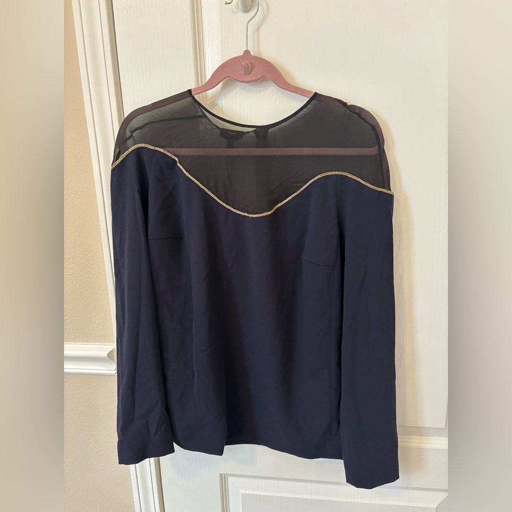 Escada Navy Top with Sheer Black Panel and Gold Trim